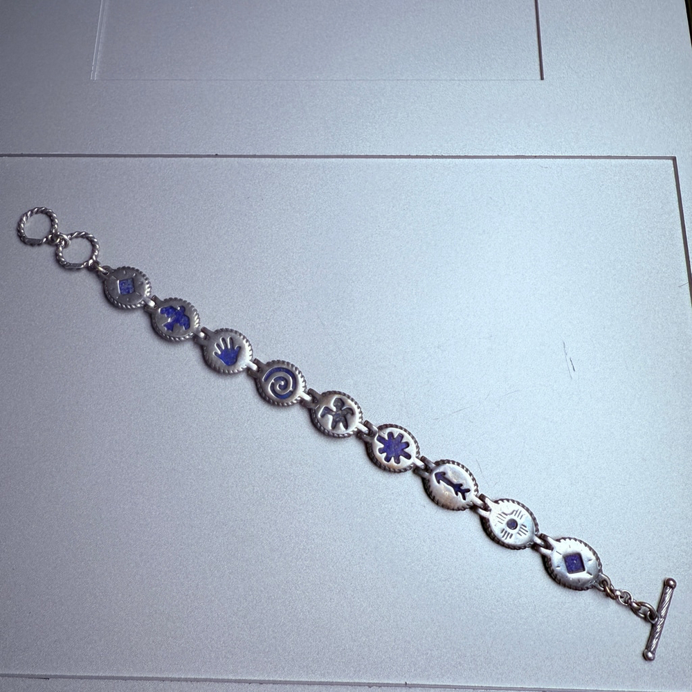 Carolyn Pollack Double Sided Lapis Lazuli Native Motifs Sterling Silver Bracelet - Picture 3 of 12